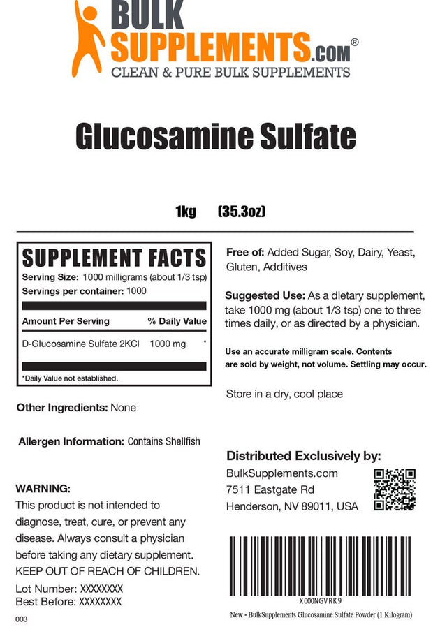 Bulksupplements.Com Glucosamine Sulfate Powder, 1000Mg - Promotes Bone & Joint Health (1KG - 1000 Servings)