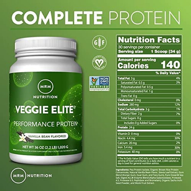 MRM Nutrition Veggie Elite Performance Protein | Chocolate Mocha Flavored| Plant-Based Protein| Easy to Digest | with Bcaas| Vegan + Gluten-Free | Clinically Tested| Digestive Enzymes | 30 Servings