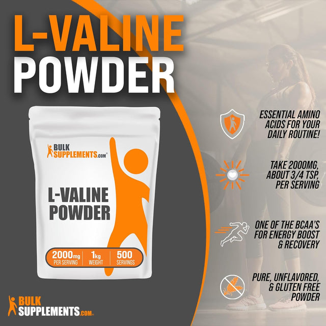 BULKSUPPLEMENTS.COM L-Valine Powder - Valine Supplement, Bcaas Amino Acids Powder - Essential Amino Acids Supplement, Energy Support, Unflavored & Gluten Free - 2000Mg, 1Kg (2.2 Lbs)