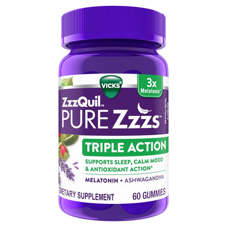 Zzzquil PURE Zzzs Triple Action Gummy Melatonin Sleep-Aid with Ashwagandha, 6Mg per Serving by Zzzquil, 60 Gummies