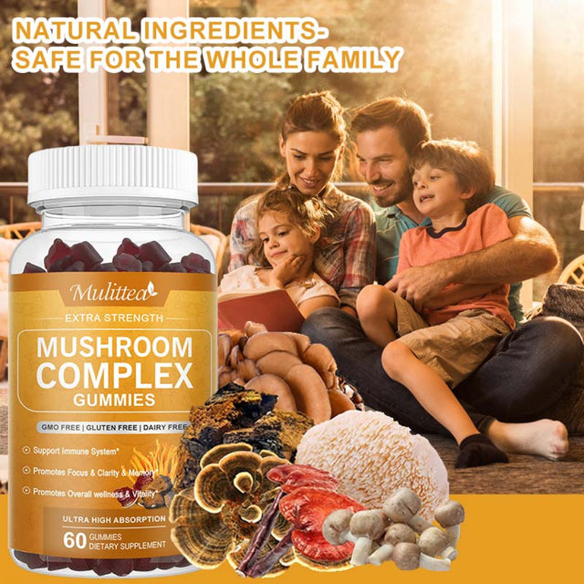 Mulittea Effective Mushroom Complex Gummies Supplement for Men & Women - Brain Booster, Immune Support, Energy - 60 Gummies