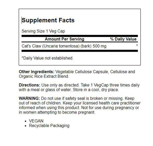 Solaray Cat'S Claw Bark 500Mg | Healthy Immune & Digestive System Function Support | May Help Protect Brain Function | Joint Health Support | 100Ct