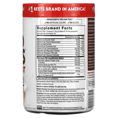 FORCE FACTOR Total Beets Pre-Workout Powder to Boost Energy Endurance, Increase Strength, and Improve Blood Flow and Pumps, Nitric Oxide Supplement with Beet Root Powder, Watermelon, 30 Servings