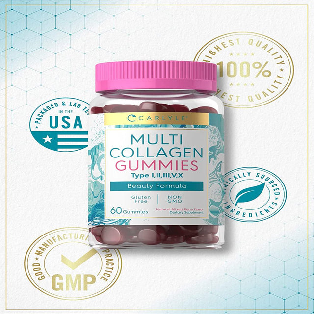 Collagen Gummies | 60 Count | Multi Collagen Complex | Beauty Formula Supplement | Mixed Berry Flavor | Non-Gmo, Gluten Free | Carlyle