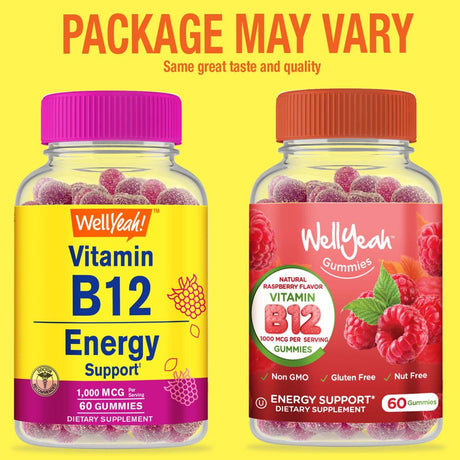 Wellyeah Vitamin B12 1000Mcg Gummies - for Energy, Mood, Metabolism and Immune System Support - Vegan Friendly and Gluten-Free, GMO Free and Doctor Recommended - 60 Gummies