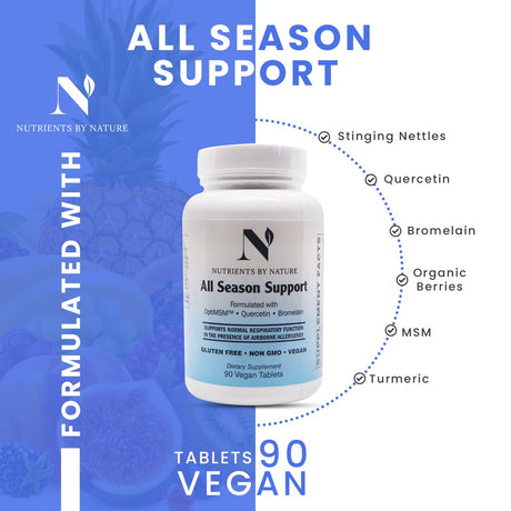 All Season Support by Nutrients by Nature | Quercetin with Bromelain Supplement, Formulated with Optimsm, Quercetin and Bromelain, Supports Normal Respiratory Function, Gluten Free, 60 Vegan Tablets