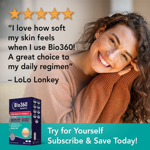 Bio360 Probiotics | Skin Health Formula | Daily Vegan Probiotic with Targeted Strains & Dermaval Antioxidant Blend | 30 Supplements