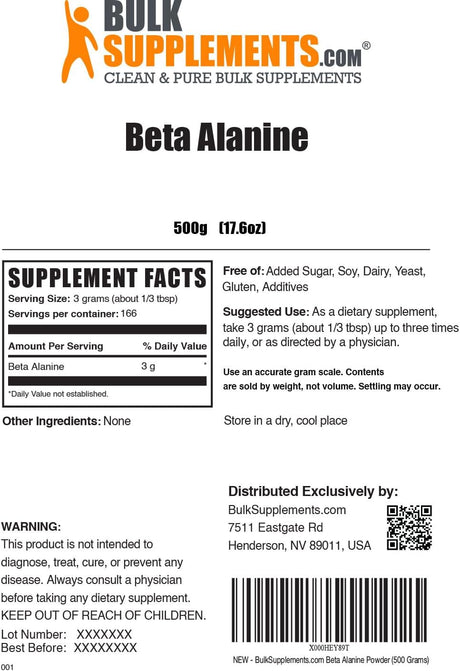 BULKSUPPLEMENTS.COM Beta Alanine Powder - Beta Alanine Pre Workout, Beta Alanine 3000Mg - Beta Alanine 500G, Beta Alanine Bulk - Unflavored, Pure & Gluten Free, 3G per Serving, 500G (1.1 Lbs)