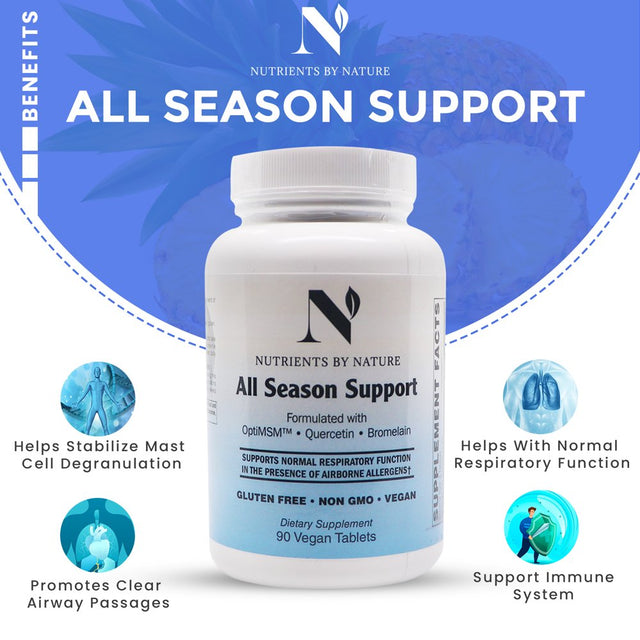 All Season Support by Nutrients by Nature | Quercetin with Bromelain Supplement, Formulated with Optimsm, Quercetin and Bromelain, Supports Normal Respiratory Function, Gluten Free, 60 Vegan Tablets