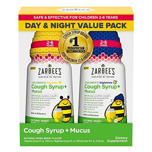 Zarbeeâ€™S Kids Cough + Mucus Day/Night Value Pack for Children 2-6 with Dark Honey, Ivy Leaf, Zinc & Elderberry, #1 Pediatrician Recommended, Drug & Alcohol-Free, Mixed Berry Flavor, 2X4Fl Oz