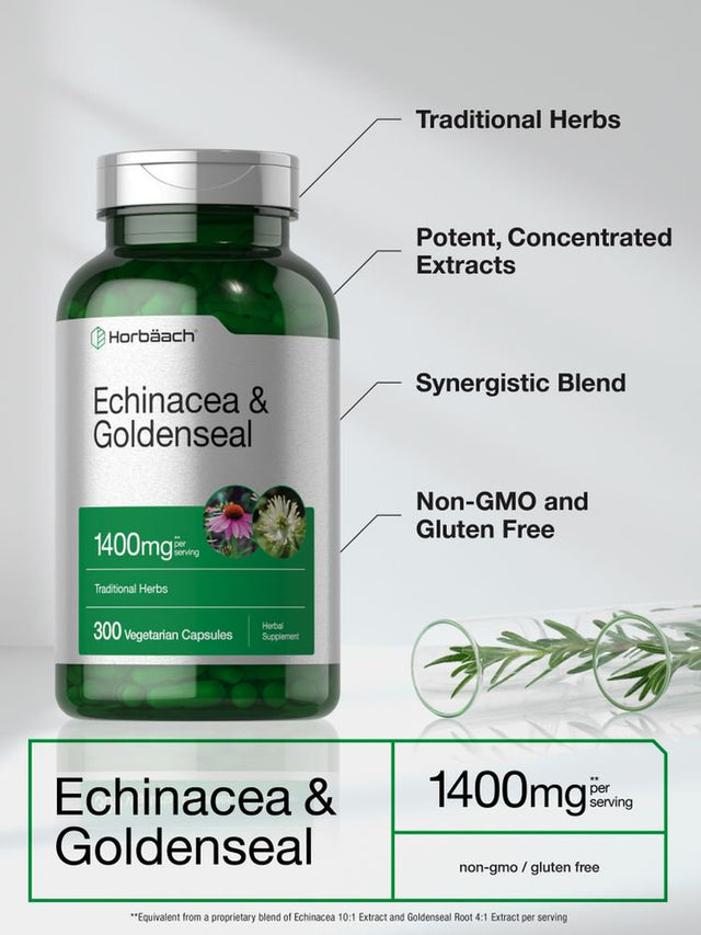 Echinacea Goldenseal Extract | 1400Mg | 300 Vegetarian Capsules | by Horbaach