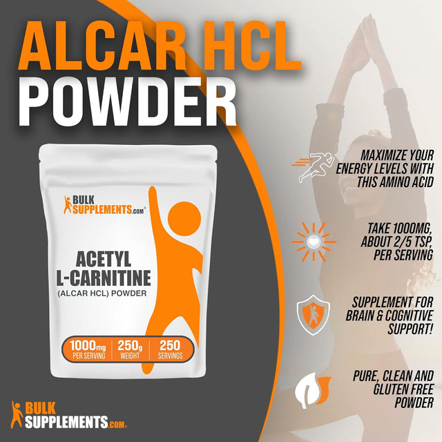 BULKSUPPLEMENTS.COM Acetyl L-Carnitine Powder - ALCAR Hcl, Carnitine Supplement, Acetyl L-Carnitine 1000Mg - ALCAR Powder, Unflavored & Gluten Free, 1000Mg per Serving, 250G (8.8 Oz)