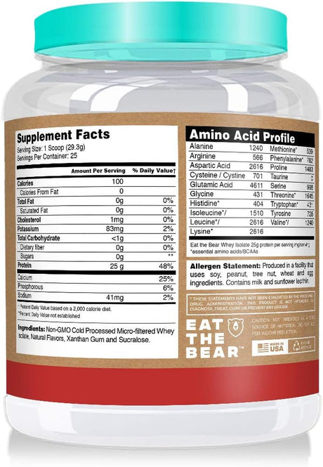 Eat the Bear, Whey Isolate Protein Powder, Keto Friendly Protein Powder, 100 Calories, All Natural, Gluten Free (25 Servings, Cinnamon Bun)