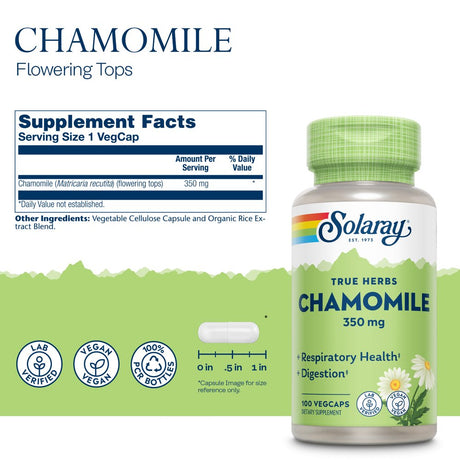 Solaray Chamomile, Soothing Support for Digestion, Respiratory Tract and Relaxation, 100 Servings, 100 Vegcaps