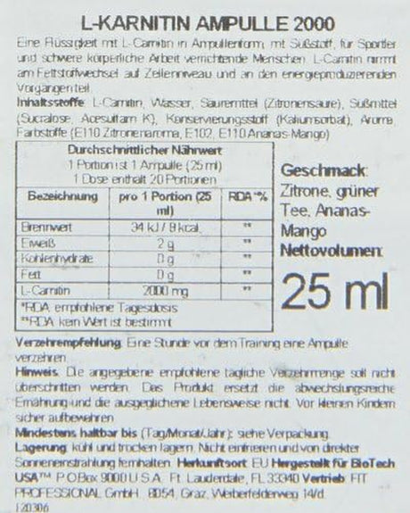 Biotestusa Ampule L-Carnitine 2000 25 Ml / 20X25 Ml Carnitine - Pineapple Mango