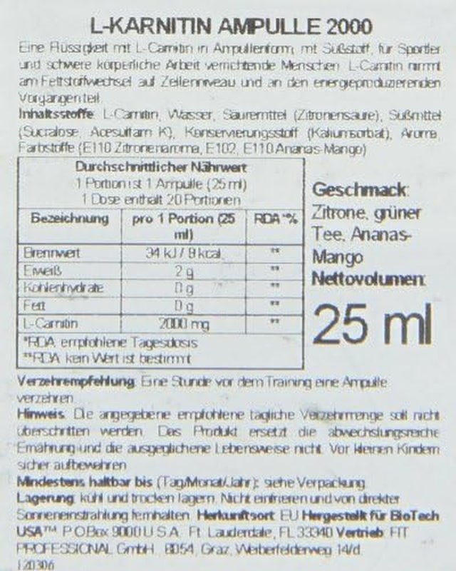 Biotestusa Ampule L-Carnitine 2000 25 Ml / 20X25 Ml Carnitine - Pineapple Mango