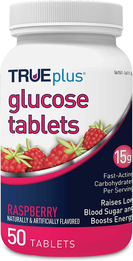 Trueplus Glucose Tablets Raspberry 50 Ct | Glucose Tablets for Low Blood Sugar | Fat-, Gluten-, Caffeine-Free | Diabetic Supplies | Glucose Tabs | Sugar Pills for Diabetics | Hypoglycemia Snacks