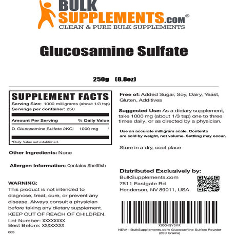 Bulksupplements.Com Glucosamine Sulfate Powder, 1000Mg - Promotes Bone & Joint Health (250G - 250 Servings)