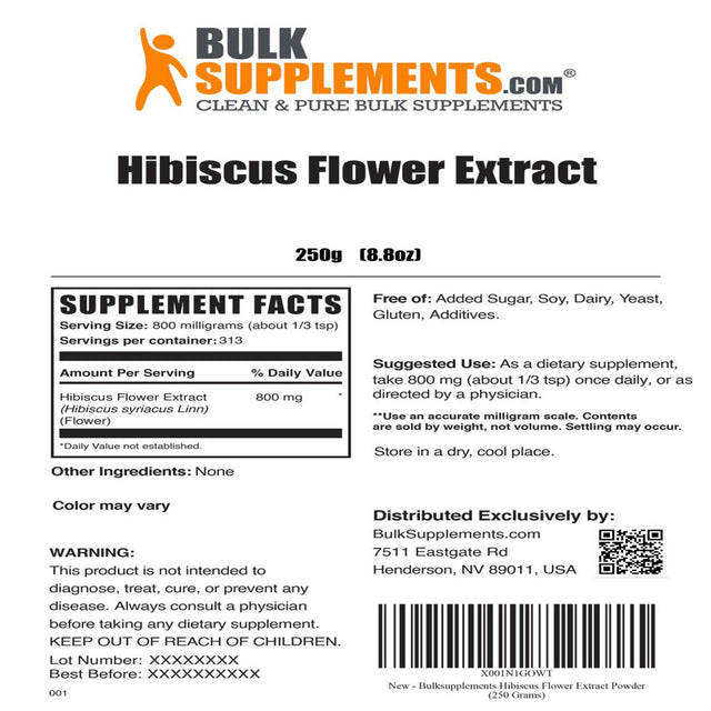 Bulksupplements.Com Hibiscus Flower Extract, Hibiscus Extract, Hibiscus Supplement for Hair Growth (250 Grams - 8.8 Oz - 313 Servings)