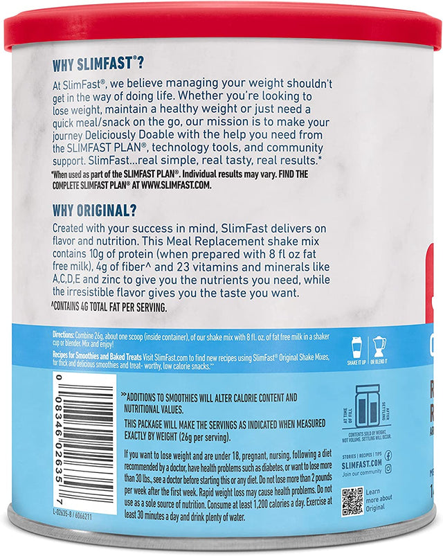 Slimfast Meal Replacement Powder, Original Rich Chocolate Royale, Weight Loss Shake Mix, 10G of Protein, 14 Servings (Packaging May Vary)