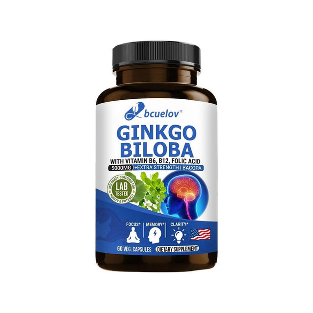 Ginkgo Biloba Supplement - with Vitamins B6 B12 - Standardized Extract 24% Ginkgo Flavonoid Glucosides 6% Terpene Lactones - Brain Memory Mental Clarity Alertness Energy Mood-60Capsules