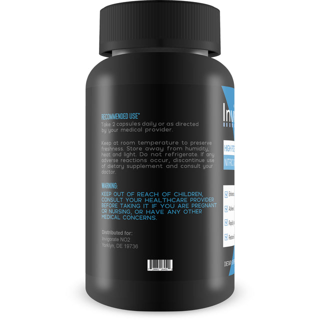 Invigorate N.O. - Powerful Nitric Oxide Booster - Increase Blood Flow, Endurance, Energy, and Stength - 60 Capsules