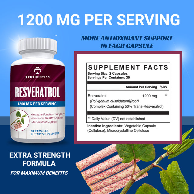 Truthentics Resveratrol 1200 MG plus Probiotic Immune Support Bundle - Healthy Aging, Heart & Gut Health - 60 Capsules Each