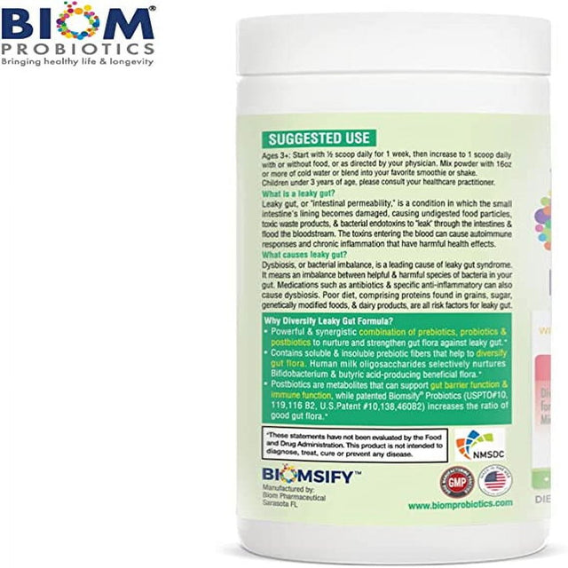 Biom Probiotics Diversify Total Gut Health Human Milk Oligosaccharides Supplement with Prebiotics, Probiotics and Postbiotics, 5.3 Oz Net Weight