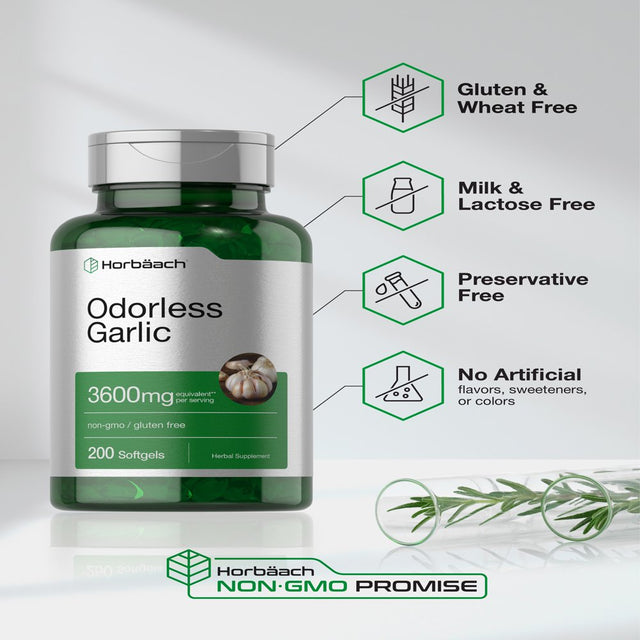 Odorless Garlic | 3600 Mg | 200 Softgels | Potent Garlic Extract | by Horbaach