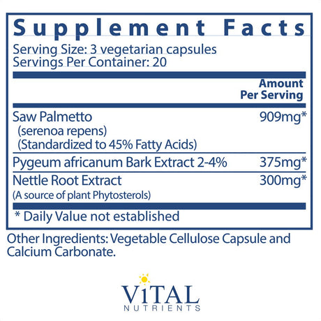 Vital Nutrients - Saw Palmetto with Pygeum and Nettle Root - Supports Healthy Prostate Function for Men - Vegan Supplement - Gluten, Dairy & Soy Free - 60 Capsules