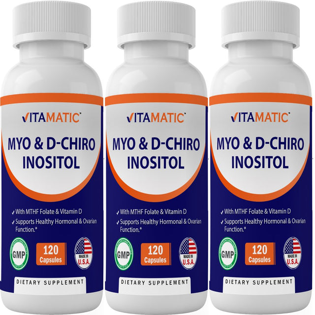 3 Pack Vitamatic Myo-Inositol and D-Chiro Inositol plus Folate and Vitamin D, 2000Mg 120 Capsules