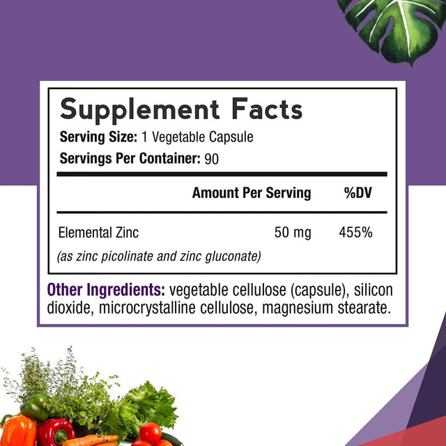 Doctor S Recipes Zinc Capsules 50 Mg from Highly Absorbable Zinc Picolinate & Gluconate, Supports Natural Immune Defense, DNA & Protein Formation, Cell Growth, Non-Gmo No Dairy 90 Veggie Caps