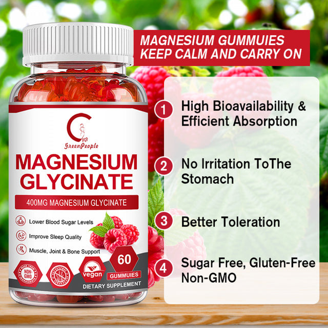 GPGP Magnesium Glycinate Gummies 400Mg - Best Magnesium Potassium Supplement with Vitamin D, B6, Coq10 for Relax, Sleep & Heart Health - 60 Raspberry Gummies