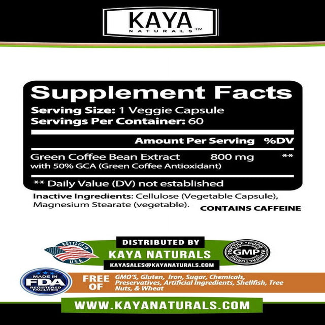 Kaya Naturals Green Coffee Bean 60Ct - Weight Management, Antioxidant, Blood Pressure Support- 800Mg