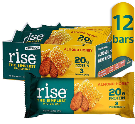 Rise Whey Protein Bars - Almond Honey | Healthy Breakfast Bar & Protein Snacks, 20G Protein, 4G Fiber, Just 3 Whole Food Ingredients, Non-Gmo Healthy Snacks, Gluten-Free, Soy Free Bar, 12 Pack