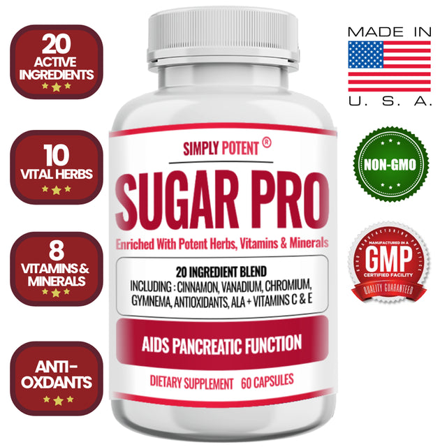 Blood Sugar Support Supplement, Sugar Pro with 20 Herb & Vitamin Blend with Cinnamon, Alpha Lipoic Acid (ALA), Bitter Melon, Chromium & Gymnema to Balance Sugar Levels, 60 Capsules