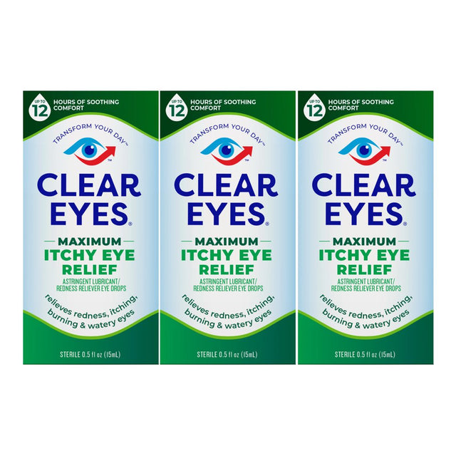 Clear Eyes Maximum Itchy Eye Relief Lubricant Eye Drops, 0.5 Fl Oz, Pack of 3