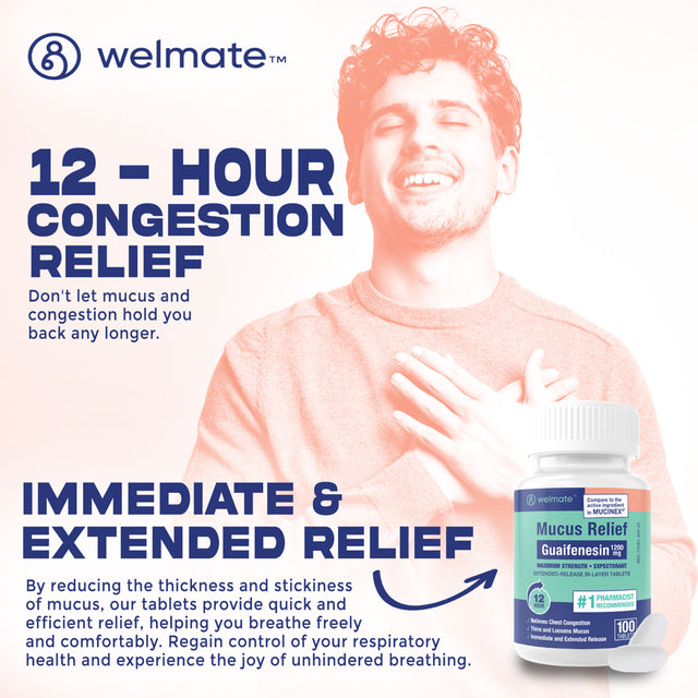 Welmate Mucus Relief - Guaifenesin 1200 Mg Maximum Strength - 100 Count Extended-Release Tablets