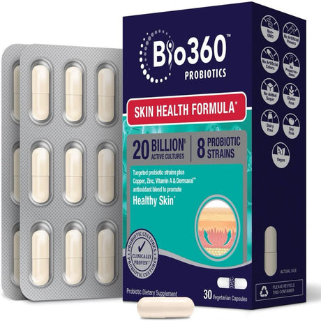 Bio360 Probiotics | Skin Health Formula | Daily Vegan Probiotic with Targeted Strains & Dermaval Antioxidant Blend | 30 Supplements