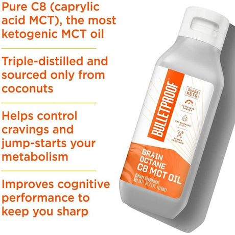 Brain Octane Premium C8 MCT Oil from Non-Gmo Coconuts, 14G Mcts, 32 Fl Oz, Bulletproof Keto Supplement for Sustained Energy, Appetite Control, Mental & Physical Energy, Non-Gmo, Vegan & Cruelty Free