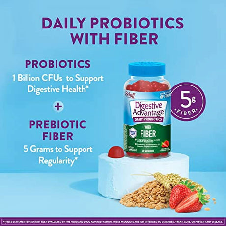 Digestive Advantage Prebiotic Fiber Gummies + Probiotics for Digestive Health, Daily Probiotic Gummies for Women & Men, Digestive Supplement for Regularity & Gut Health, 60Ct Strawberry Flavor