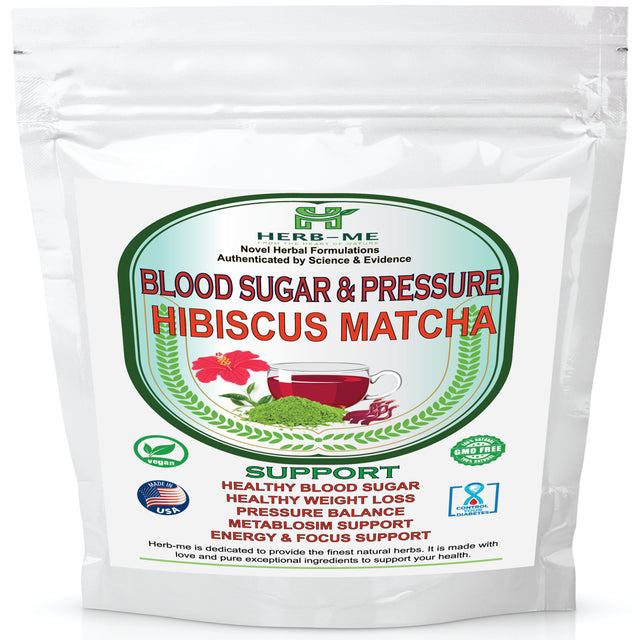 Herbme, Blood Sugar & Pressure Matcha Hibiscus - All Organic- Healthy Weight Control - Detox & Cognitive Support - 94 Servings