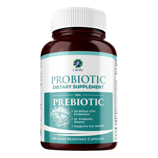 1 Body Probiotic 30 Billion CFU Supplement with Prebiotics with 60 Vegetarian Acid Resistant Capsules to Promote Gut Health & Support Immune System for Men and Women