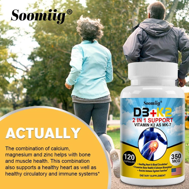 Soomiig D3+K2 Supplement 2-In-1 Supports Vitamin K2 as MK-7 to Support Heart, Blood Circulation, Bones, Colon Absorption