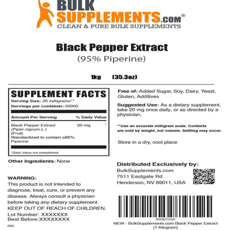 Bulksupplements.Com Black Pepper Extract Powder, 20Mg - Antioxidant Supplement (100 Grams)