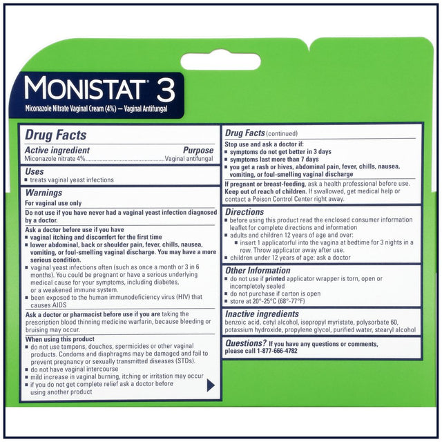 Monistat 3 Day Yeast Infection Treatment for Women, 3 Miconazole Pre-Filled Cream Applicators, 2 Pack