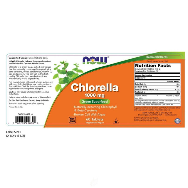 NOW Supplements Chlorella 1000Mg 60 Tabs