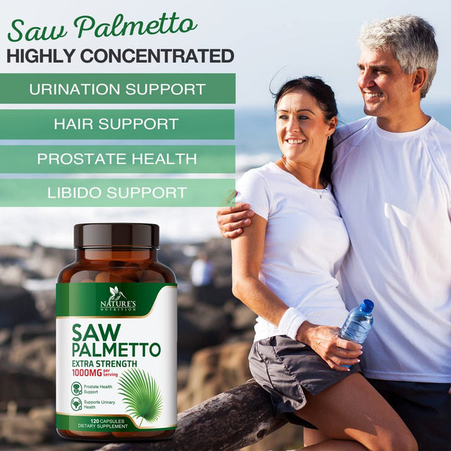 Saw Palmetto for Men - 1000 MG Saw Palmetto Extract - Men'S Herbal Prostate Health Support Supplement, Essential Nutrients from Non-Gmo Saw Palmetto Berries, Supplements for Men & Women, 120 Capsules