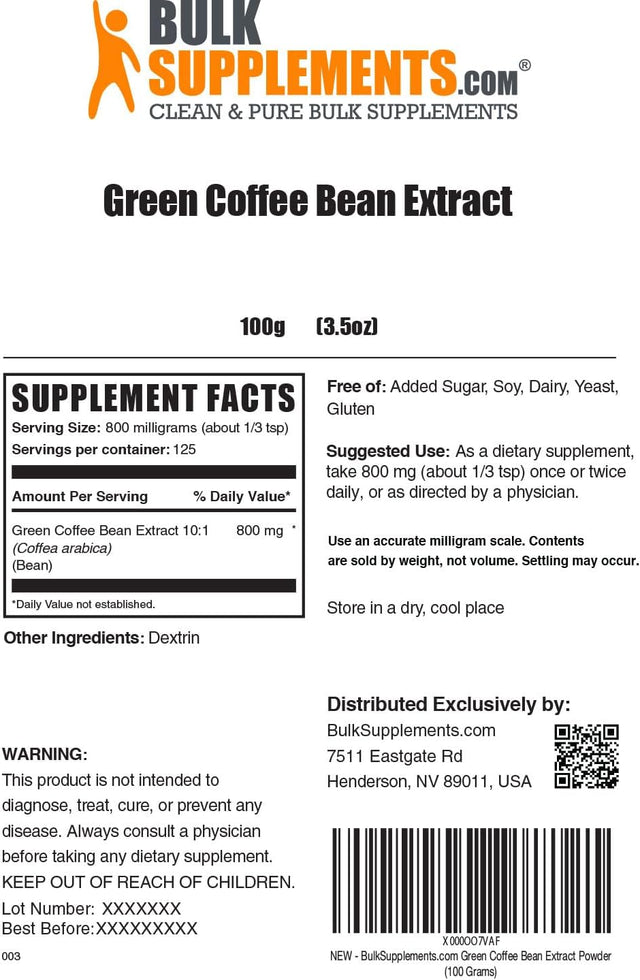 BULKSUPPLEMENTS.COM Green Coffee Bean Extract Powder - Green Coffee Bean Supplements, Green Coffee Bean Powder - Green Coffee Extract, Gluten Free - 800Mg per Serving, 100G (3.5 Oz)