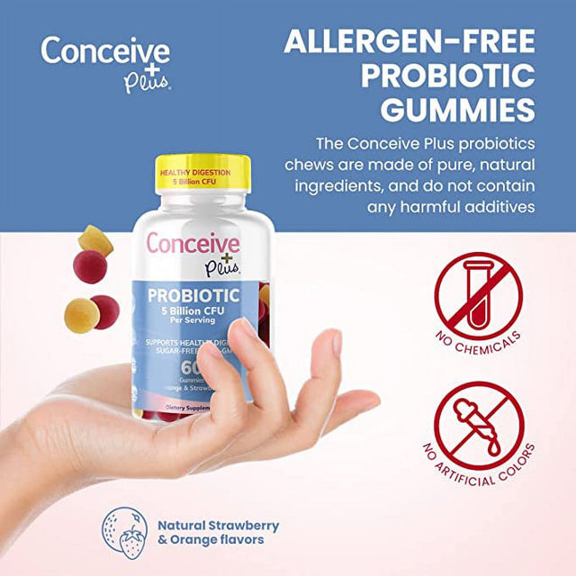 Conceive plus Probiotic Gummies for Men, Women, Kids - 5 Billion CFU Probiotic Gummy for Digestive Health - Assorted Natural Flavors - Sugar-Free Vegan Chewable Daily Adult/Kid Probiotics - 60 Count